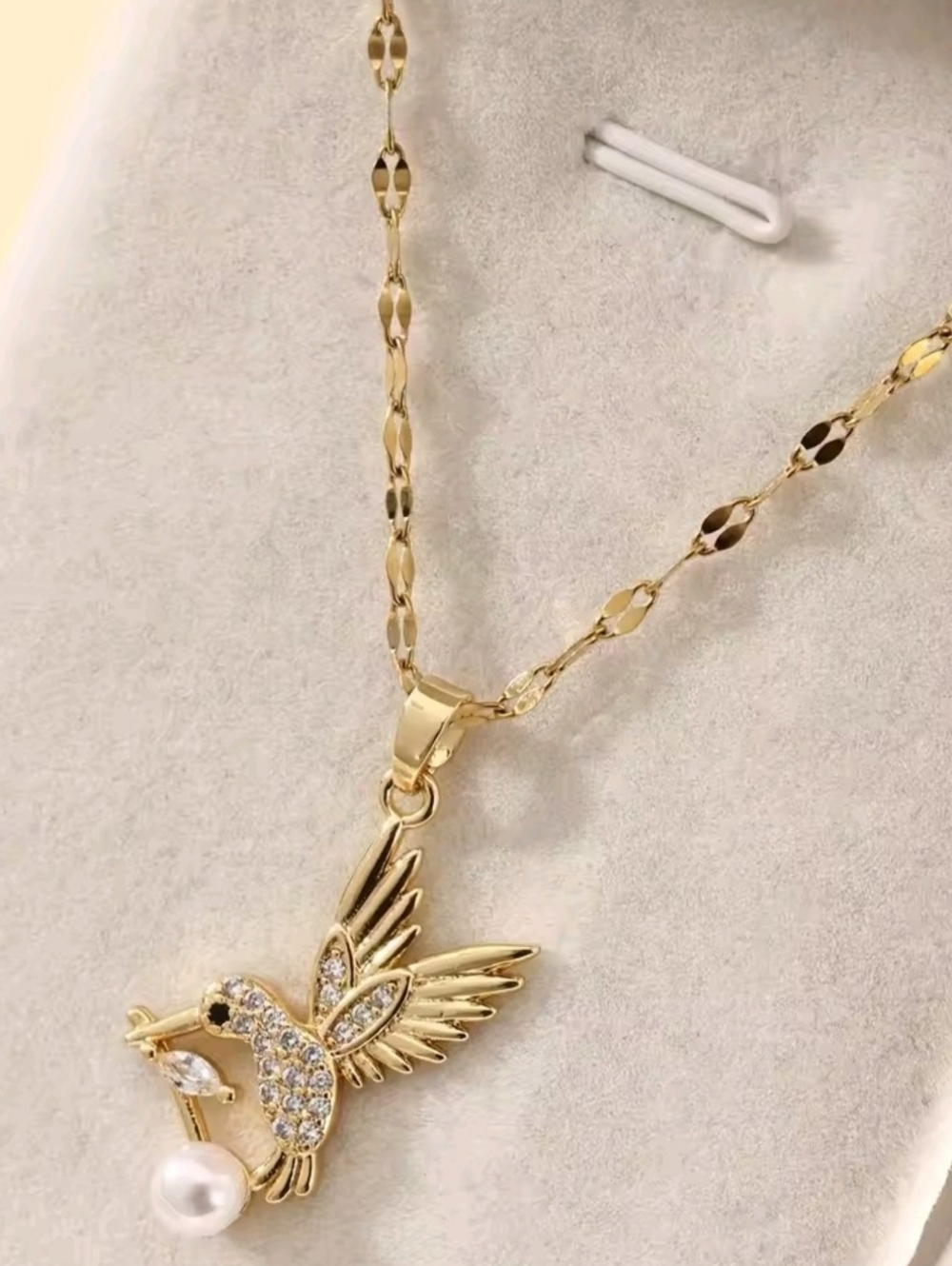Gold Hummingbird Pearl Necklace Dainty Crystal Bird Pendant Sparkly Jewelry